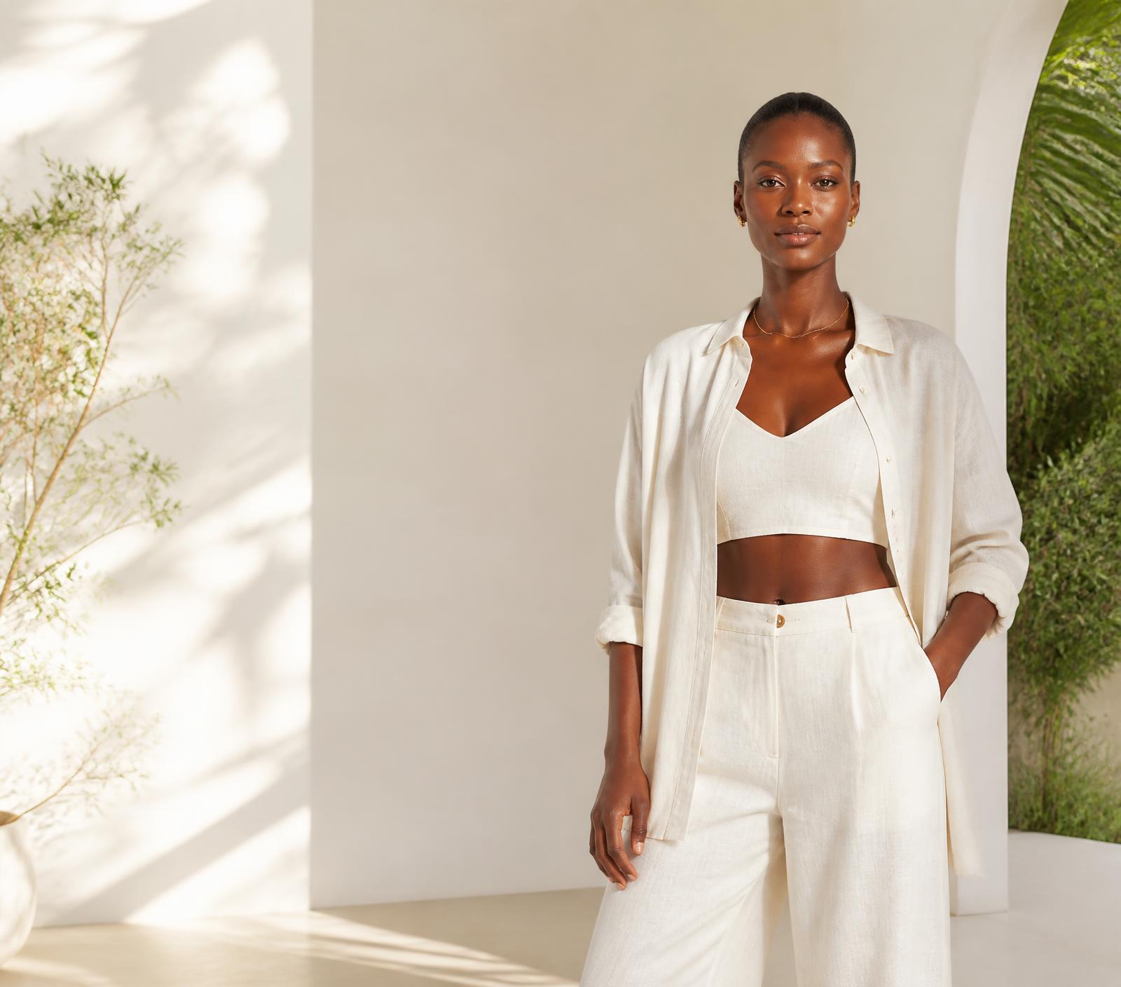A woman in ivory linen standing in a bright, calm space